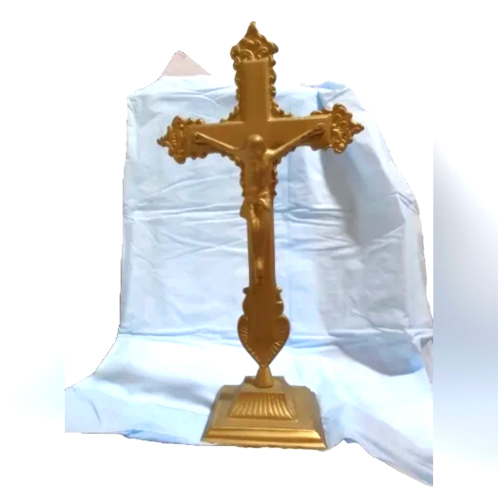 Antique Altar Cross, 10" Tall Metal Brass Nickel Table Cross